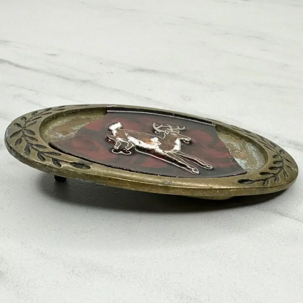 Vintage Aminco 1980 Solid Brass Deer Belt Buckle Red Black Enamel Oval Laurel ✨